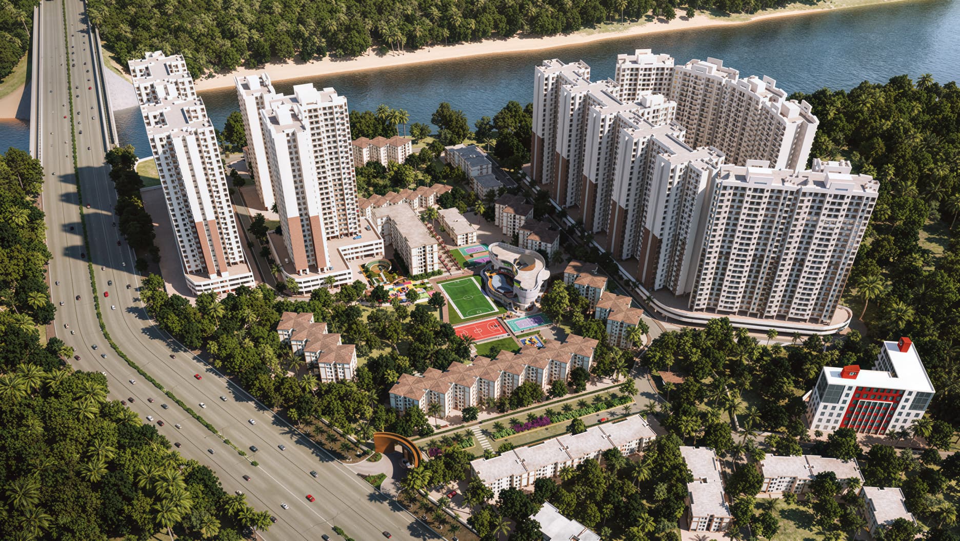 Aerial render of the Lodha Premier Dombivli Manpada township showing the residential towers, clubhouse and riverside setting